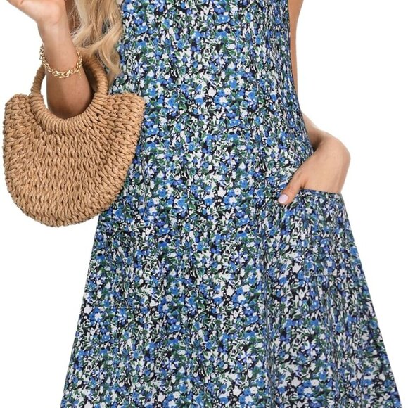 Womens Summer Cotton Blend Dress V Neck Sleeveless Pockets Beach Casual - Picture 4 of 7